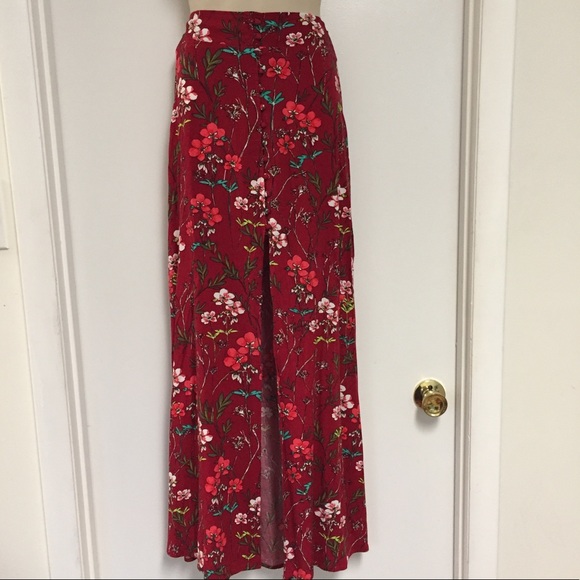 red floral button front skirt